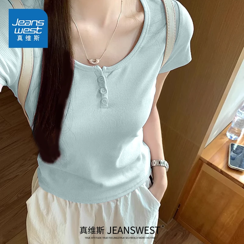 真维斯半开领针织短袖t恤女夏季小个子体恤修身显瘦短款正肩上衣