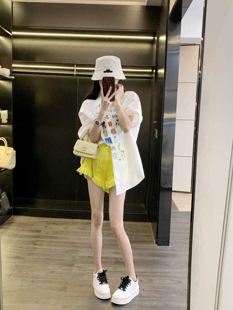 网红洋气白色短袖纯棉印花衬衫女夏季韩系宽松百搭防晒休闲衬衣潮