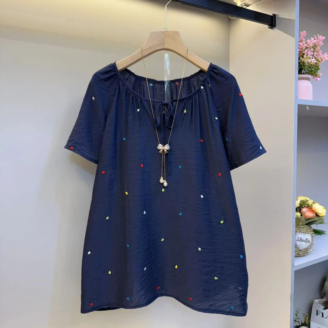 欧货2025夏新款刺绣爱心宽松减龄洋气时尚短袖衫