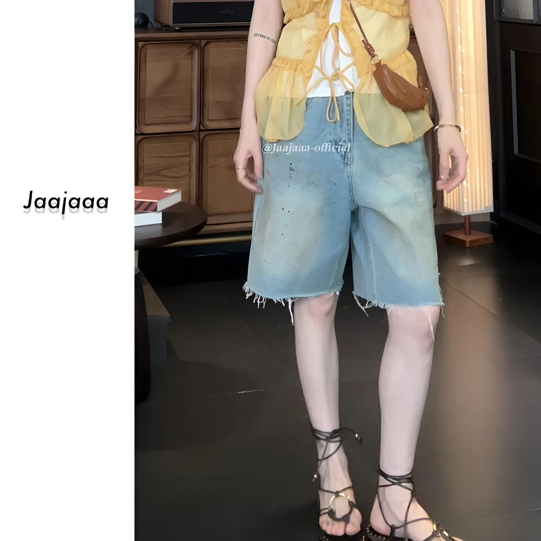 Jaajaaa东京褪色  重工休闲设计感脏染做旧风脏脏牛仔中裤/XXXG