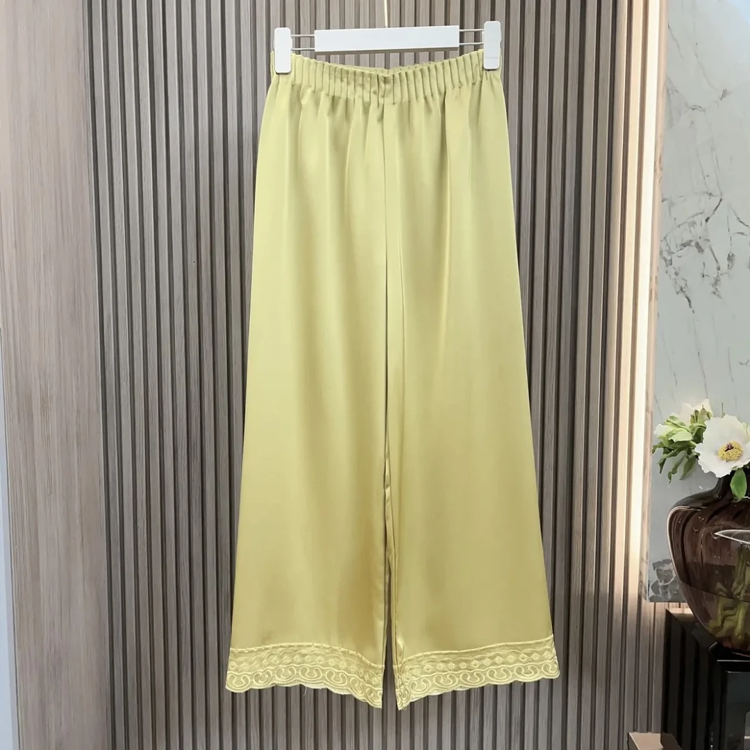 新中式刺绣脚口九分库松紧腰阔腿裤显瘦休闲裤国风穿搭直筒裤子