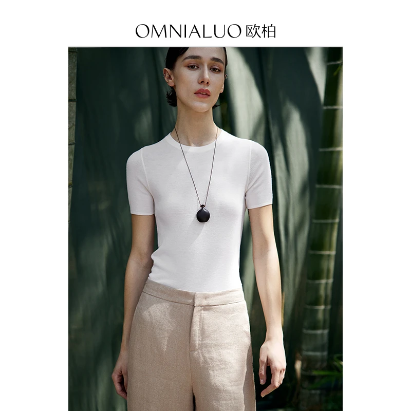 欧柏兰奴高端超细美丽诺羊毛衫女短袖2025夏新款修身白色针织T恤