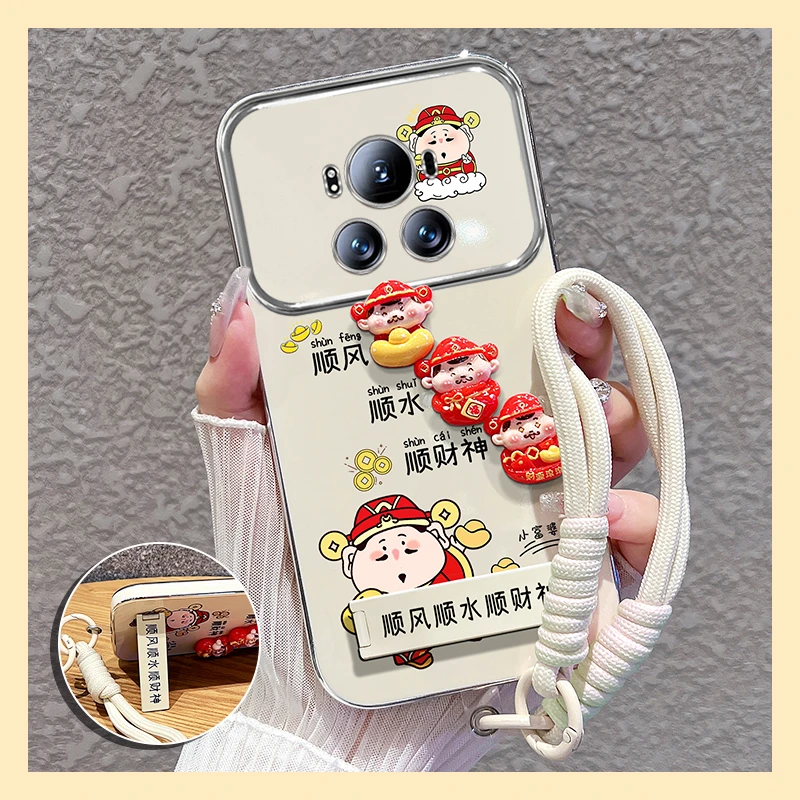 适用【荣耀Magic6/pro】手机壳财神公仔电镀大视窗支架防摔卡通女款