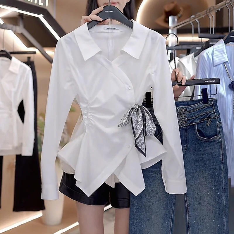 2025秋季法式简约纯色系带收腰气质时尚设计重工显瘦长袖衬衫