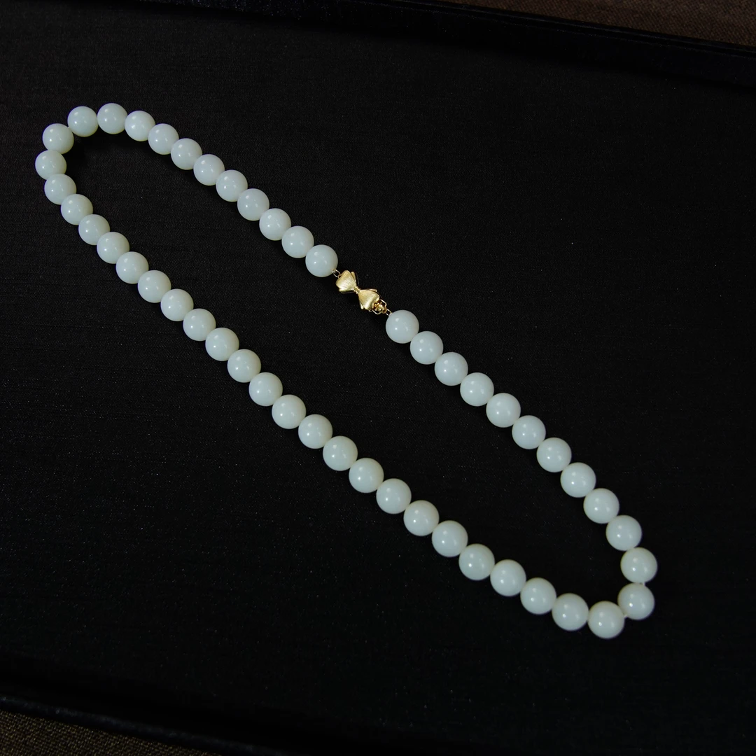 18K天然和田玉新疆羊脂白玉米达妈妈链10mm高级时尚项链