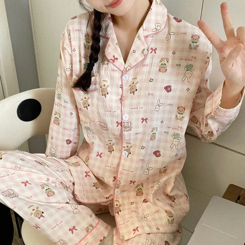 【粉格熊崽】云朵棉睡衣女款春秋季长袖长裤套装日系卡通甜美家居服