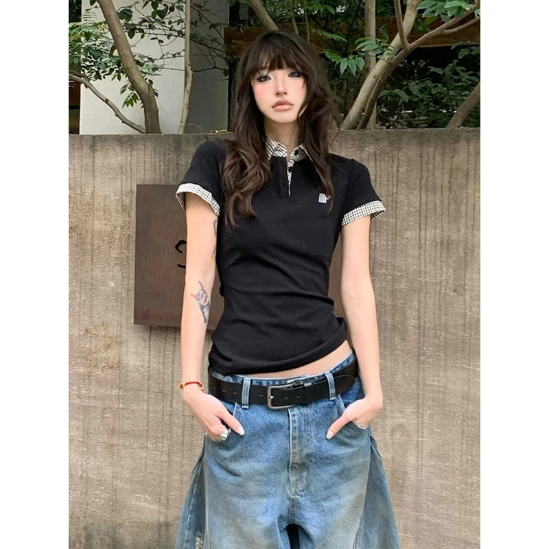 美式街头风正肩t恤女夏季格子拼接假两件修身显瘦辣妹polo领上衣
