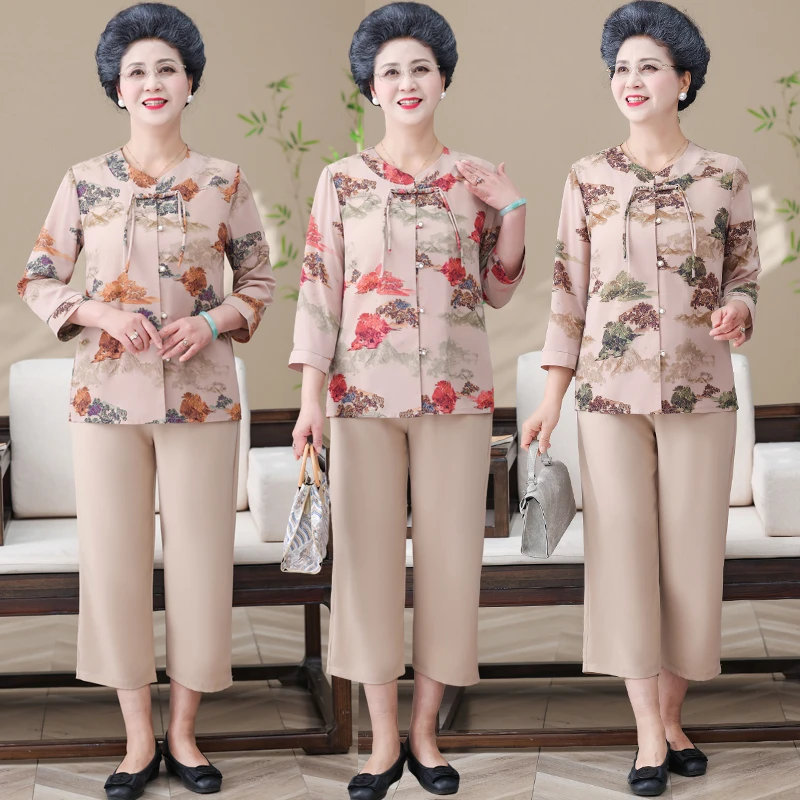 中老年女装夏装套装妈妈装夏季新款新中式国风奶奶装七分袖薄开衫