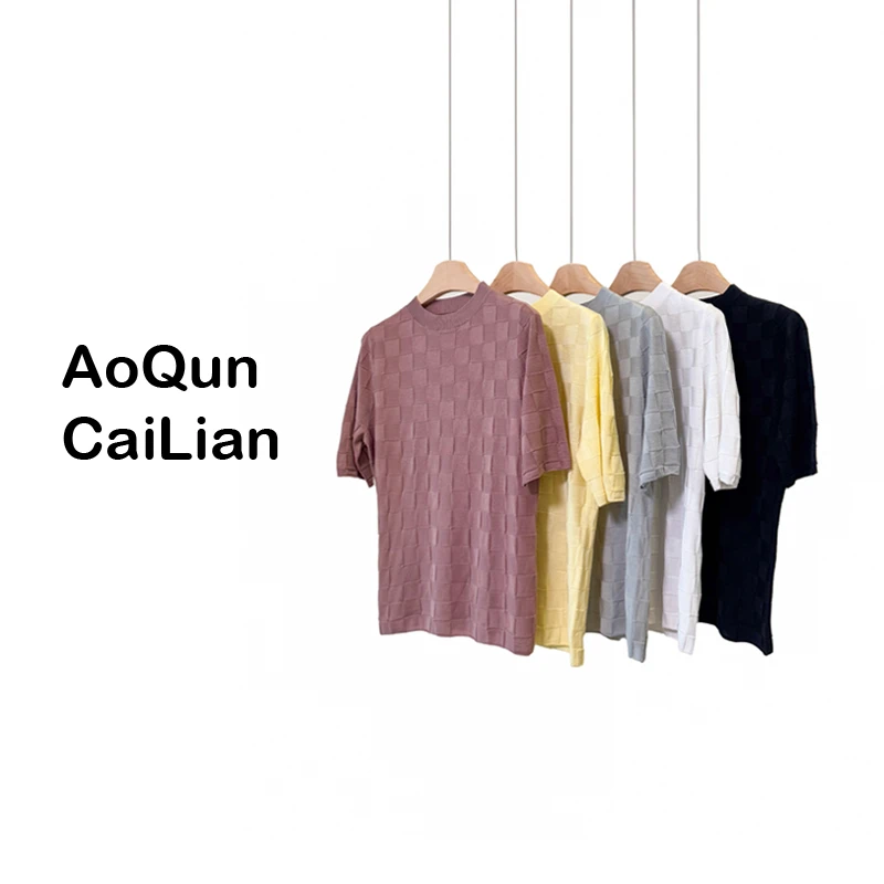 AoQunCaiLian夏季大棋盘格桑蚕丝舒适高级针织套头衫-GG25063