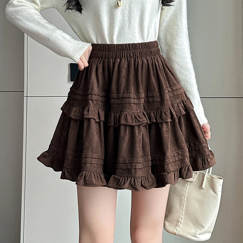 秋冬芭蕾风麂皮绒丝绒甜美蛋糕裙蓬蓬木耳百褶显瘦短裙裙子半身裙