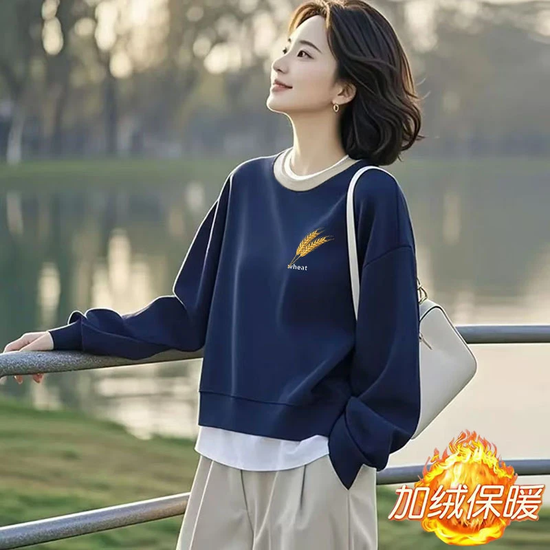 加绒/不加绒假两件华棉圆领印花简约高腰休闲外套女减龄短款卫衣