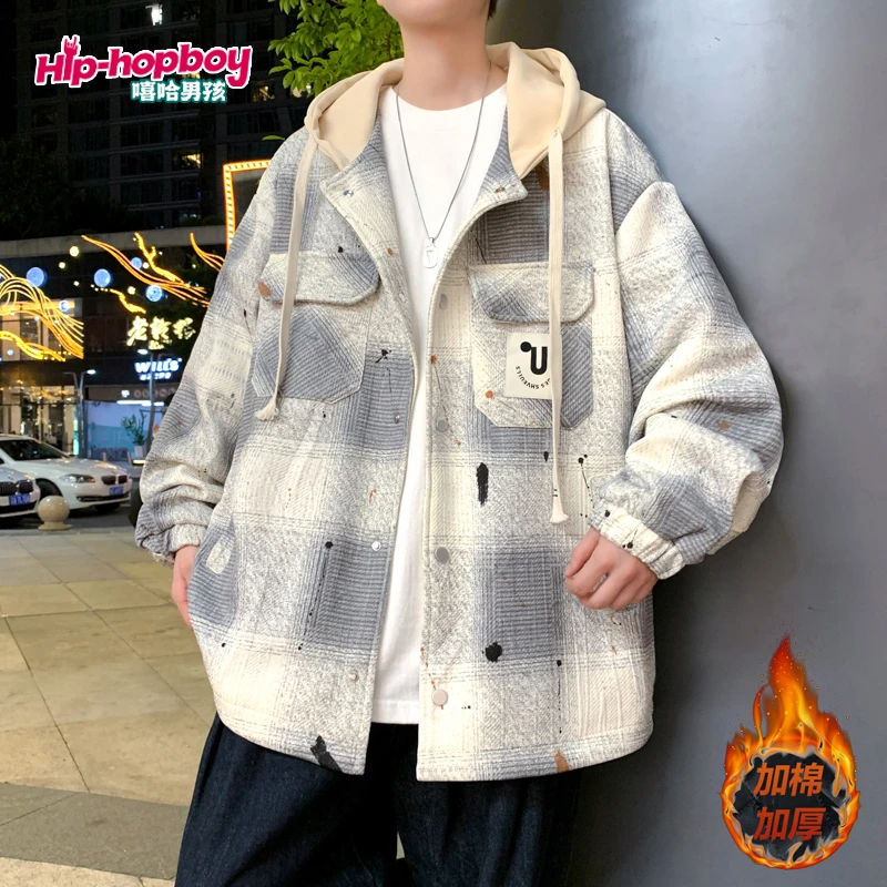 加棉加厚男格子连帽男青少年港风格子夹克ins秋冬季上衣港风