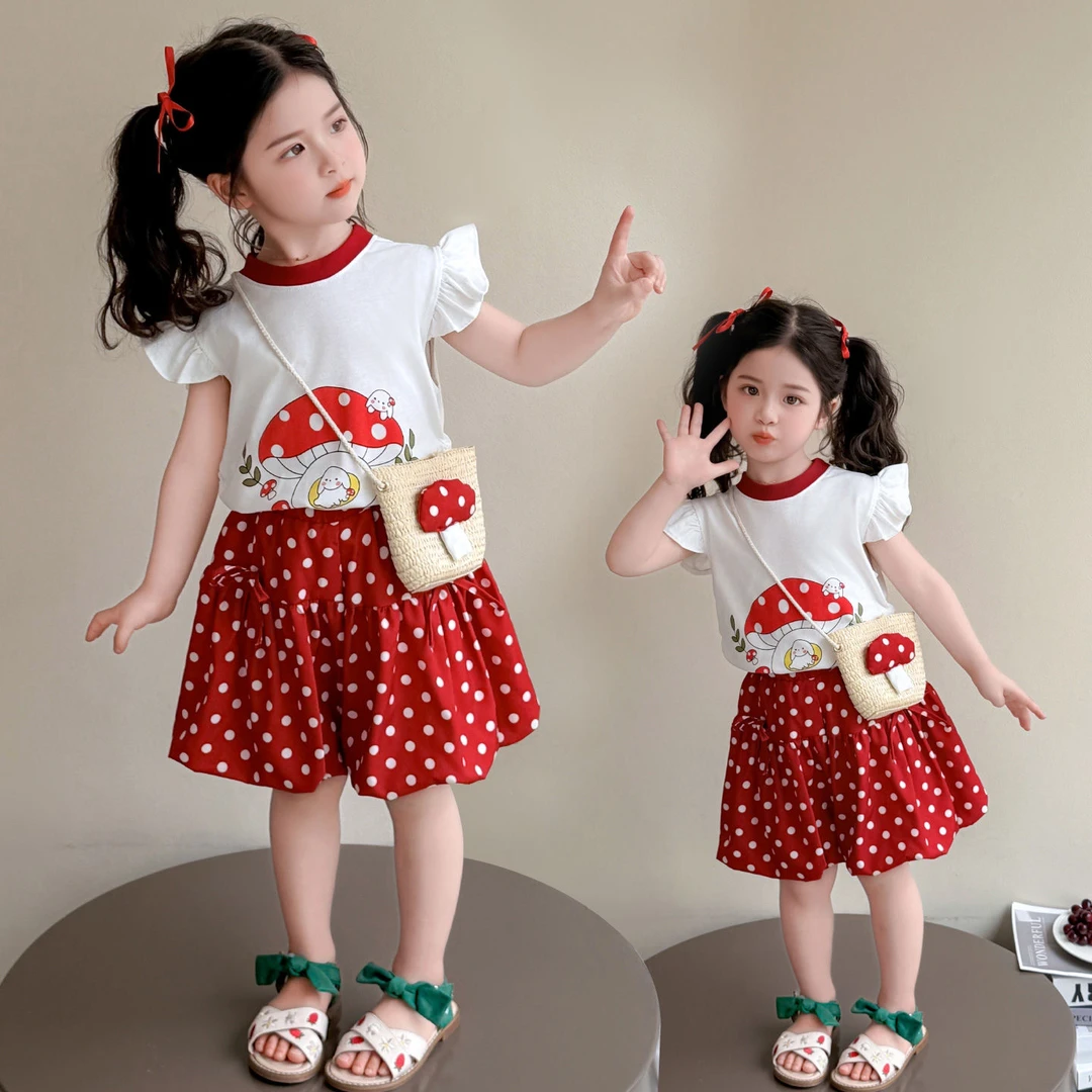 微染色瑕疵女童花苞短裤套装夏季新款儿童飞袖棉两件套可爱1446