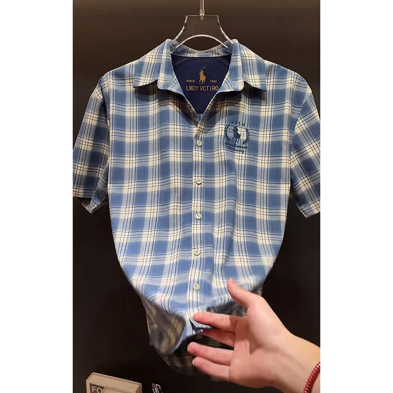 欧货轻奢高定大牌男装衬衣2025夏季新款人马字母刺绣格纹短袖衬衫