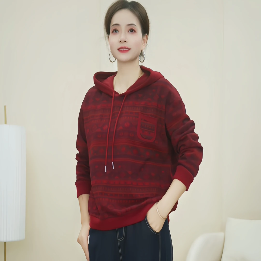 564新款春季时尚休闲百搭连帽卫衣春秋宽松显瘦文艺印花上衣女