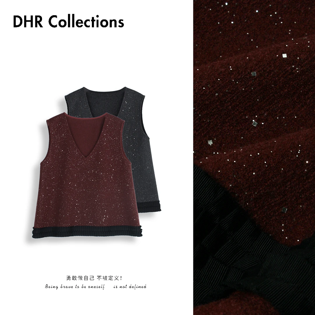 DHR COLLECTTIONS豆豆 冬季厚款圆领无袖背心亮片马夹女-D875