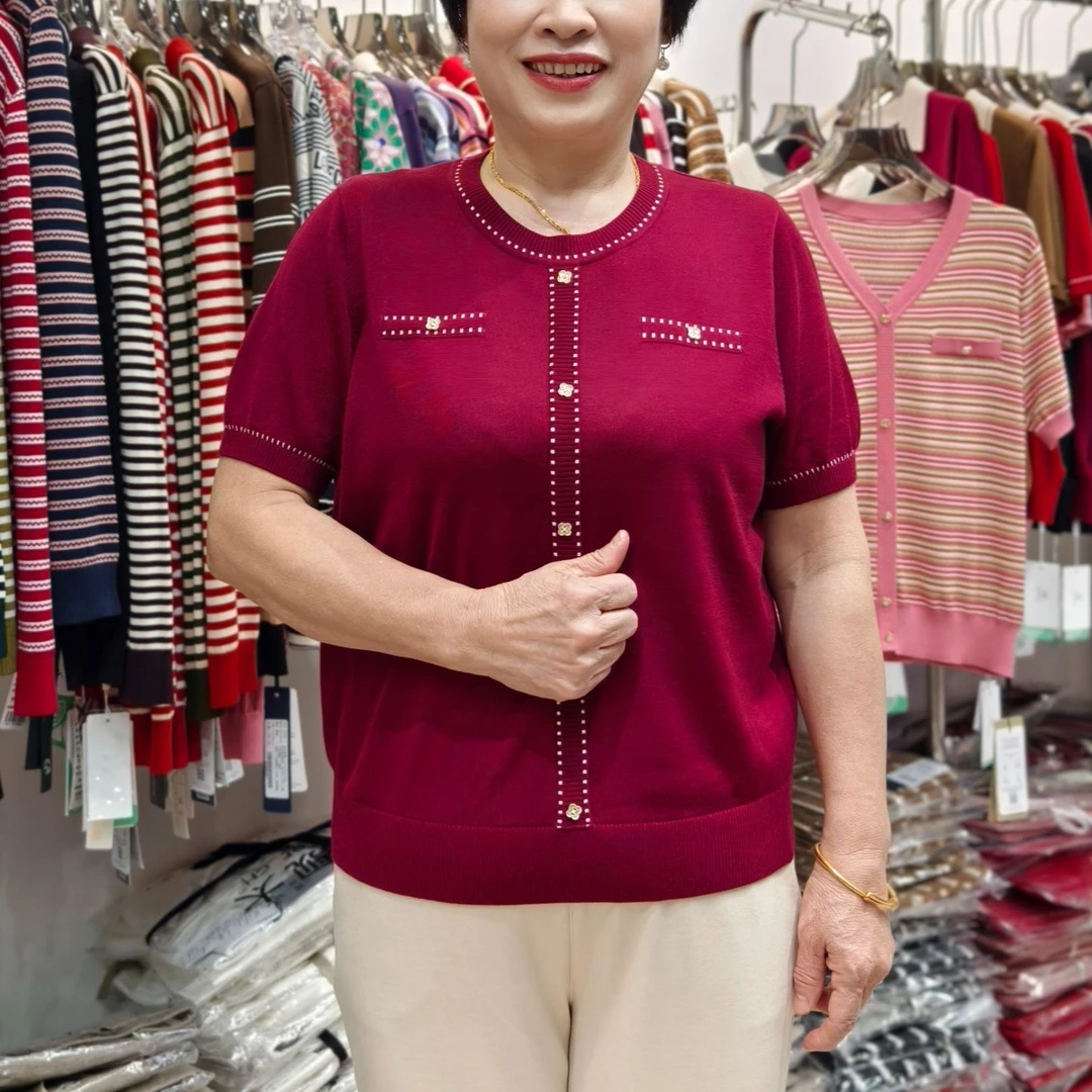 端庄大气小香风上衣妈妈装夏装轻薄透气宽松针织短袖T恤2025新款