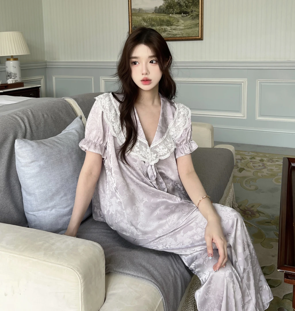 2025爆款睡衣女冰丝短袖长裤夏季蕾丝纯欲风甜美家居服套装可外穿