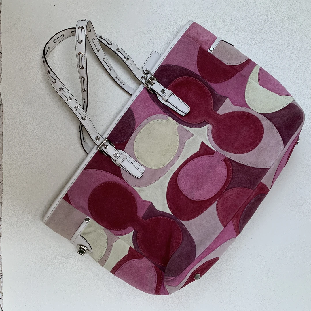 95新 COACH/蔻驰 经典百搭简约时尚复古可爱粉色麂皮单肩托特包