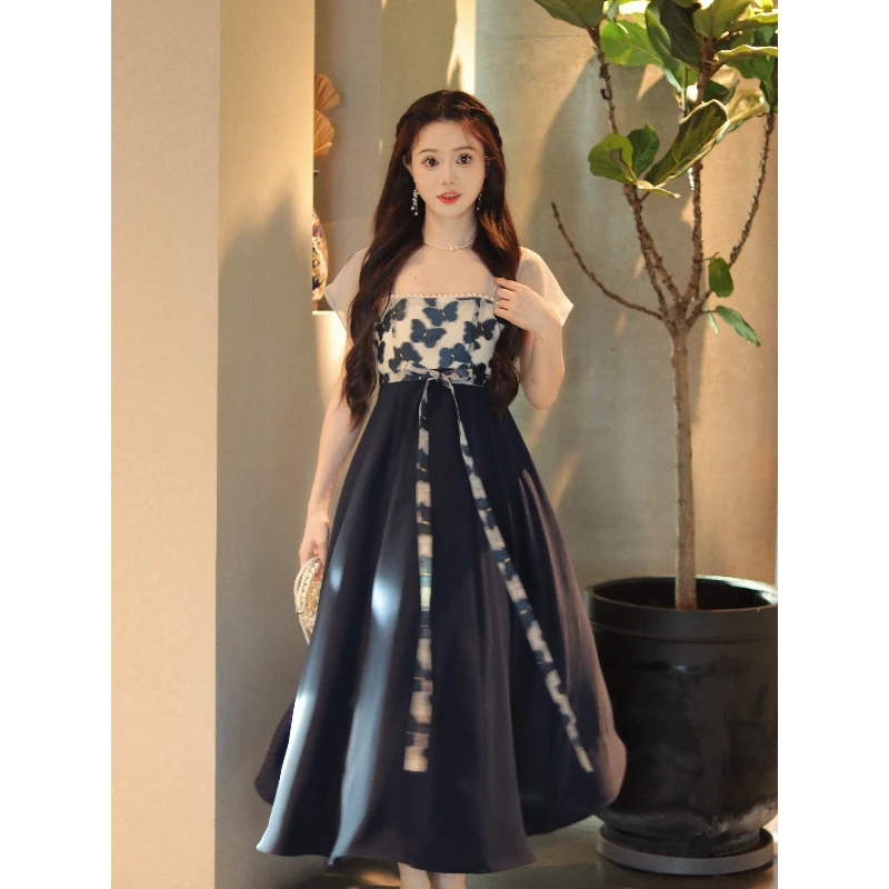 瑶西【花飞蝶舞】藏青印花收腰长裙巨好看海边度假汉服新中式连衣裙