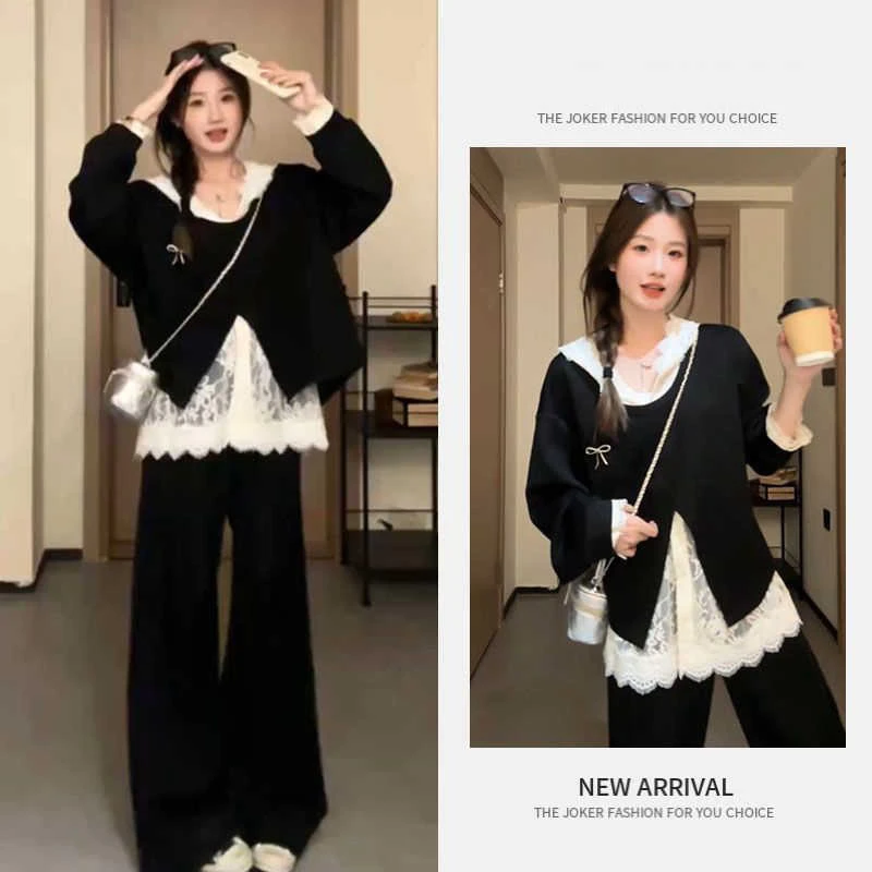 早春轻熟风穿搭女2025新款蕾丝拼接假两件连帽上衣配阔腿裤两件套