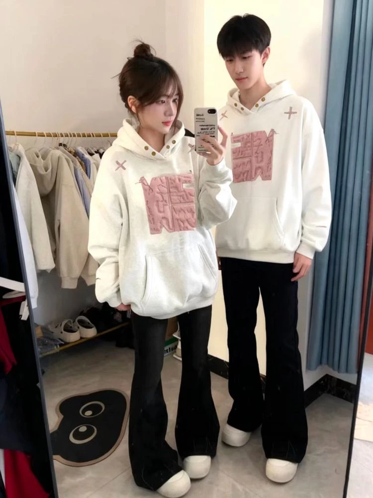 纯棉刺绣情侣装美式高街连帽卫衣女秋冬新款宽松oversize加绒外套