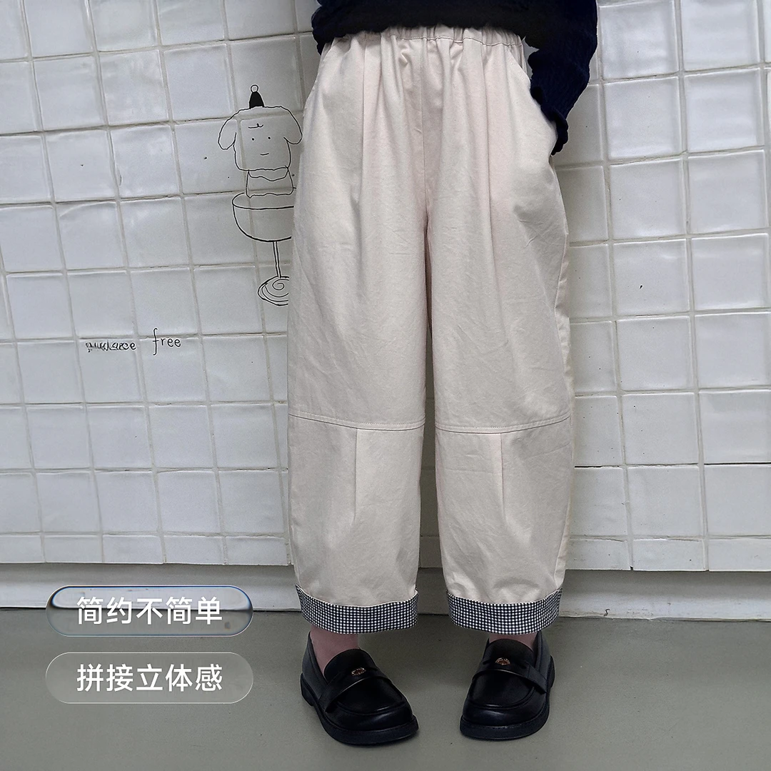 【魔力格】蓝小爸童装女童格子翻边休闲裤秋季宽松宝宝阔腿长
