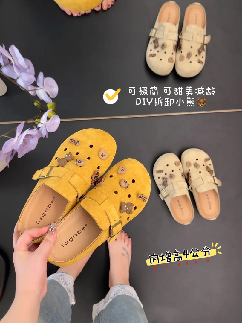 内增高韩版卡通可爱勃肯洞洞鞋小众百搭包头透气懒人软底半拖女鞋