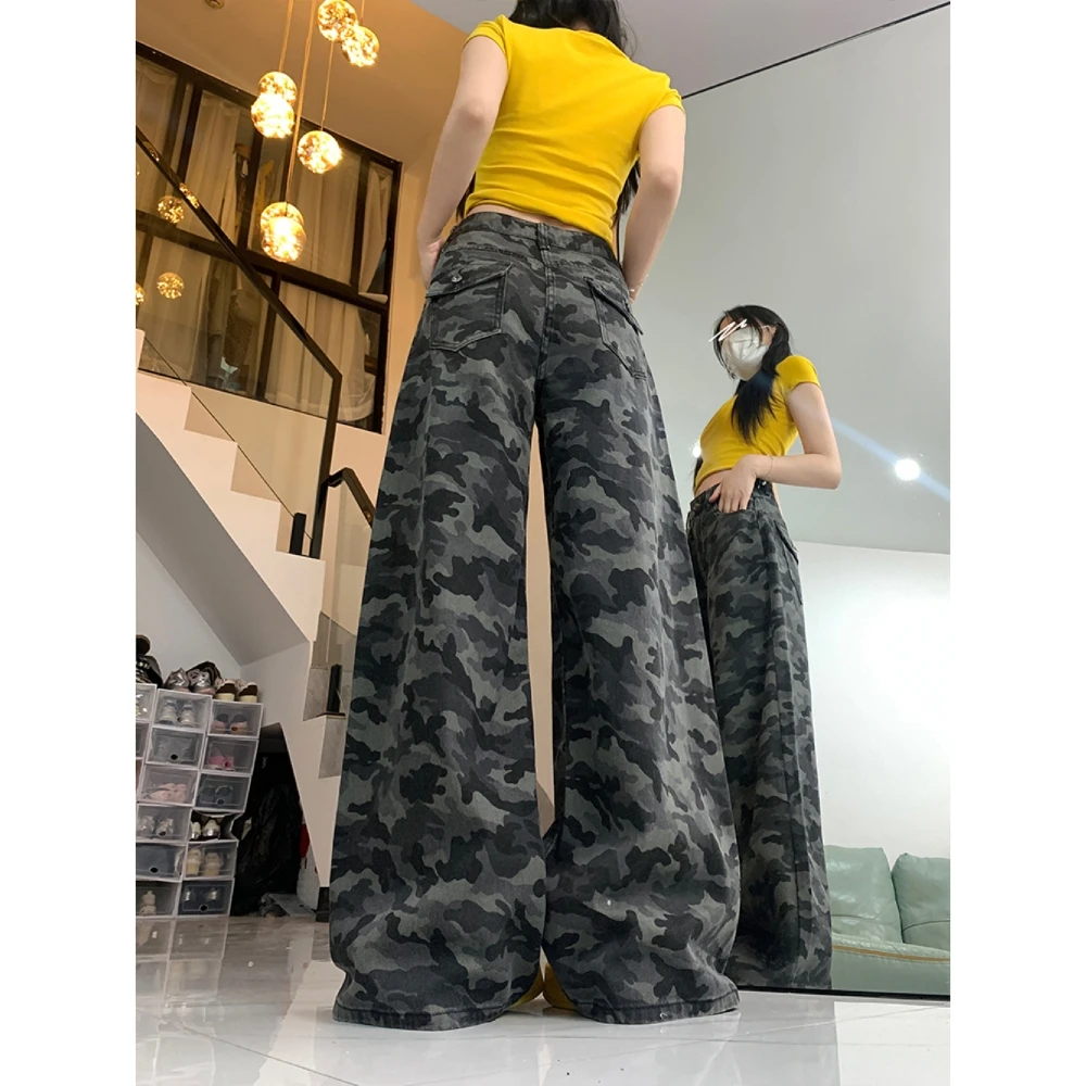 美式复古迷彩工装牛仔裤女2025夏季新款辣妹高腰宽松显瘦阔腿裤子