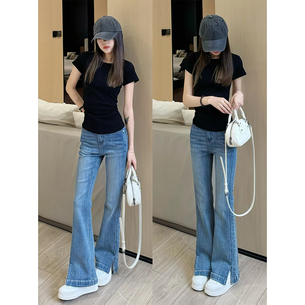 王家有鱼2025春季爆款复古蓝微喇裤女百搭时尚显瘦开衩微喇牛仔裤