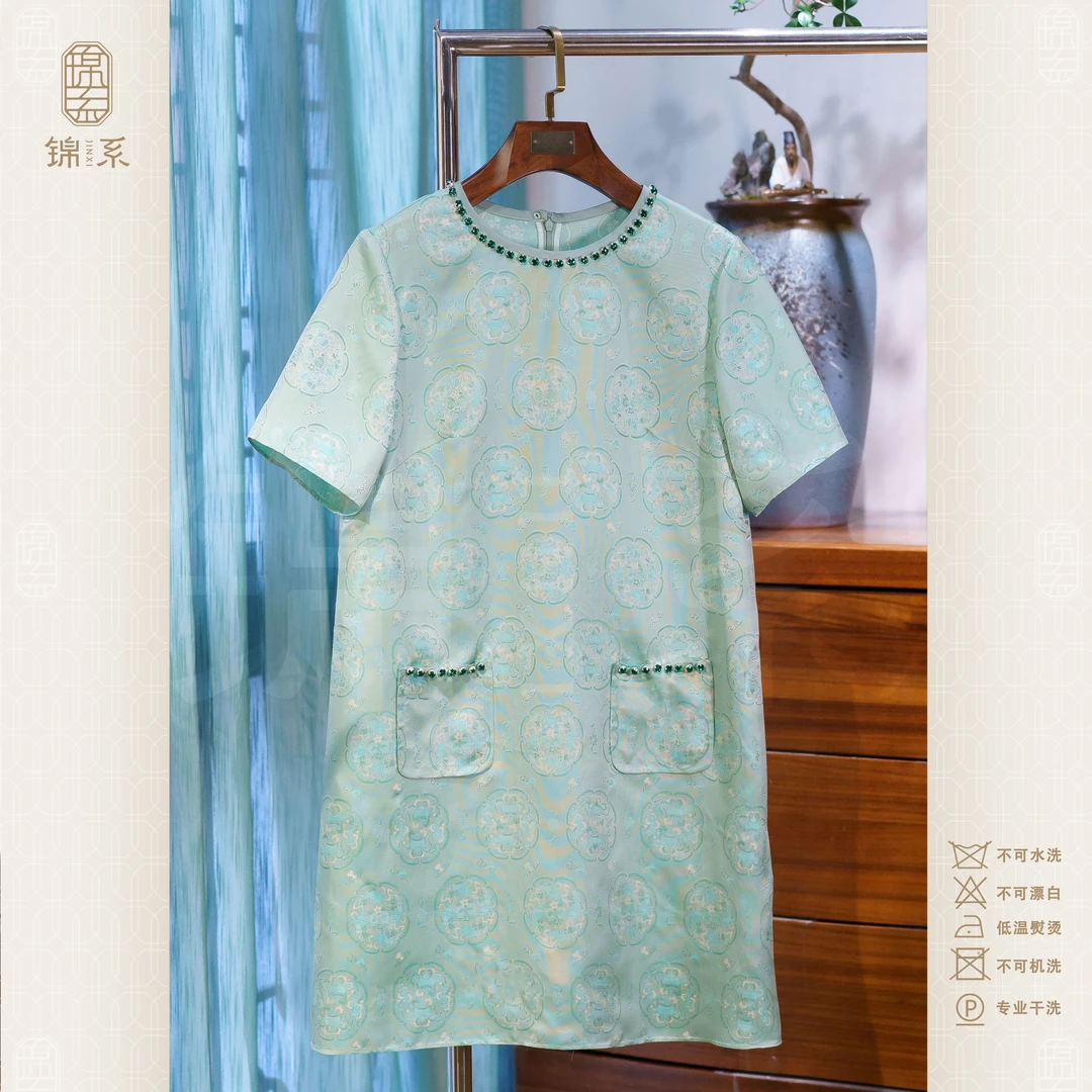 【锦系~新款】手工罗新中式国风桑蚕丝圆领短袖连衣裙-382651