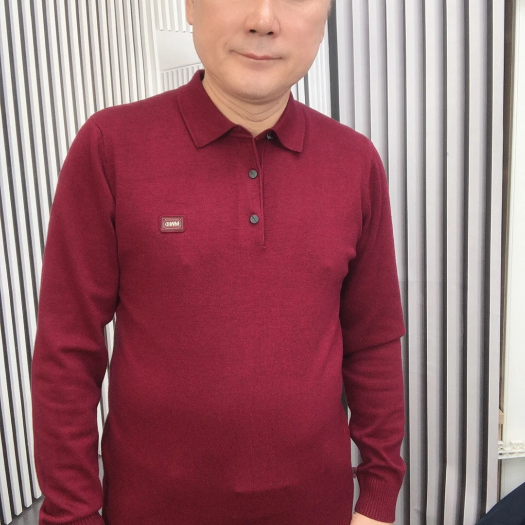 新款翻领酒红色羊毛衫男士休闲T恤835698会）