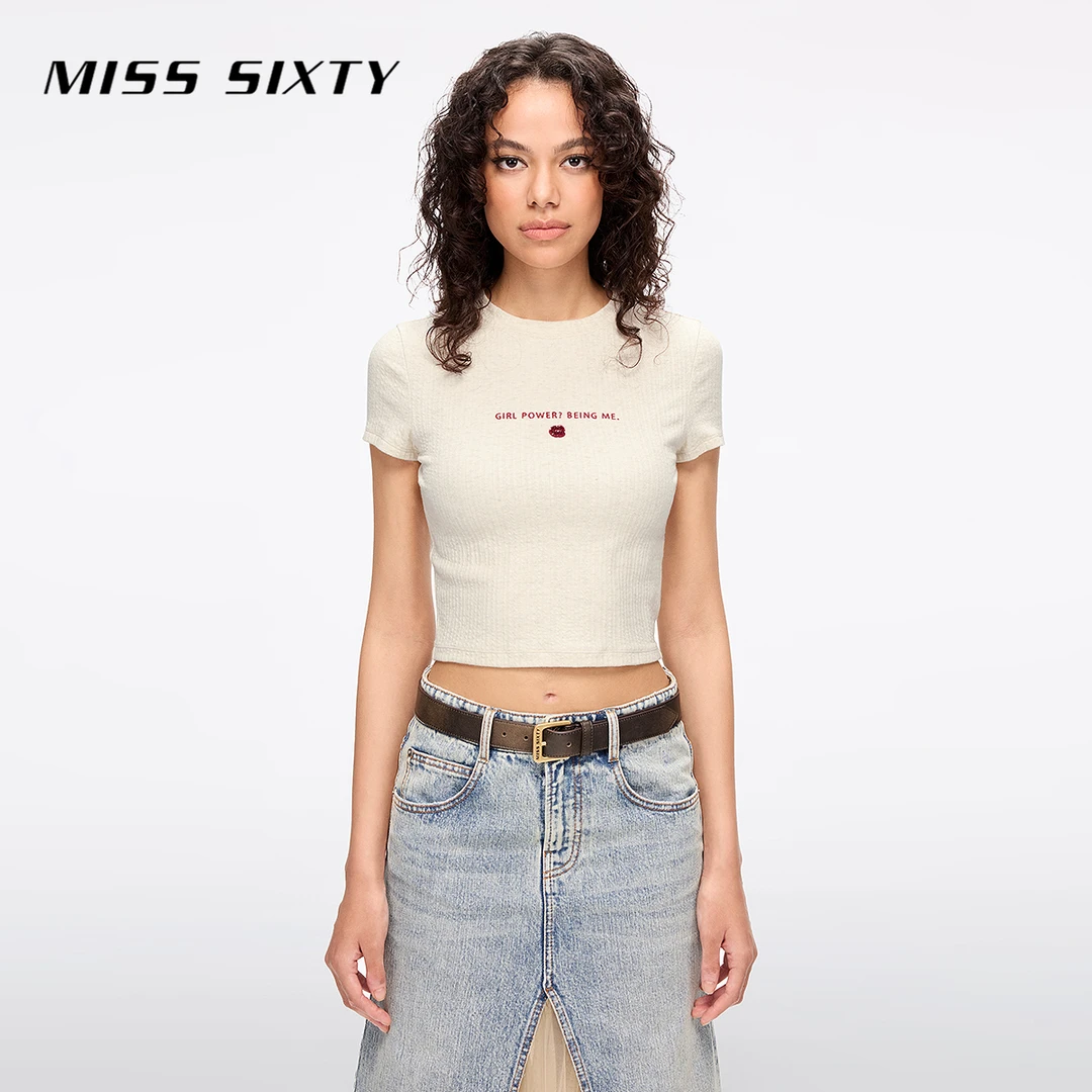 Miss Sixty2025夏季新款短袖T恤女双面提花针织刺绣钉珠唇印上衣