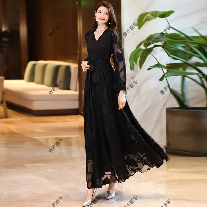 香衣丽华07-83春季新款灯篓袖V领黑色蝉翼纱长款过膝大摆连衣长裙