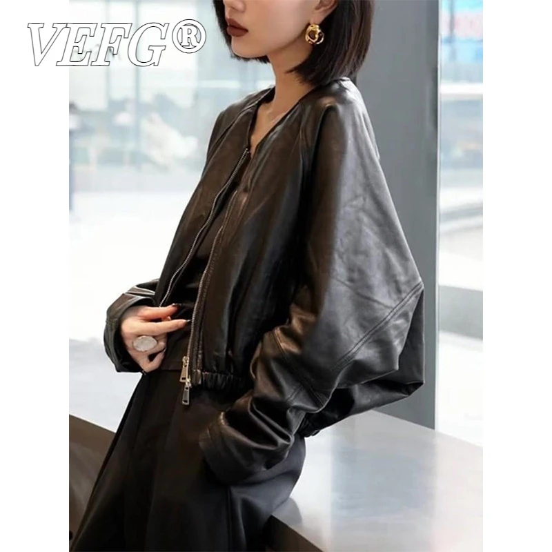 VEFG又酷又飒高级感气场黑色皮衣2025秋季新款时髦百搭夹克短外套