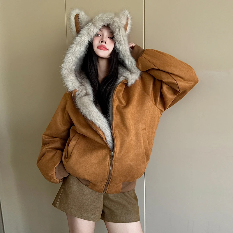 2025冬季美式复古潮猫耳朵连帽棉衣外套新款宽松百搭加厚情侣棉服