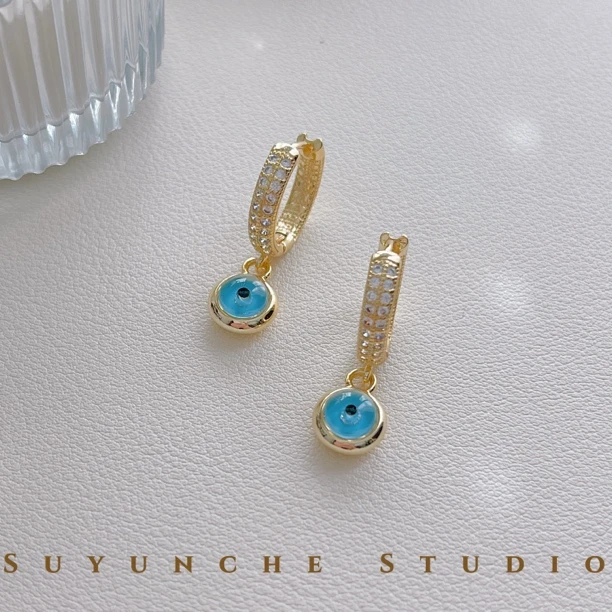 铜合金合成锆石耳饰 Suyunche2426绿金色蓝色吊坠原创流苏耳环