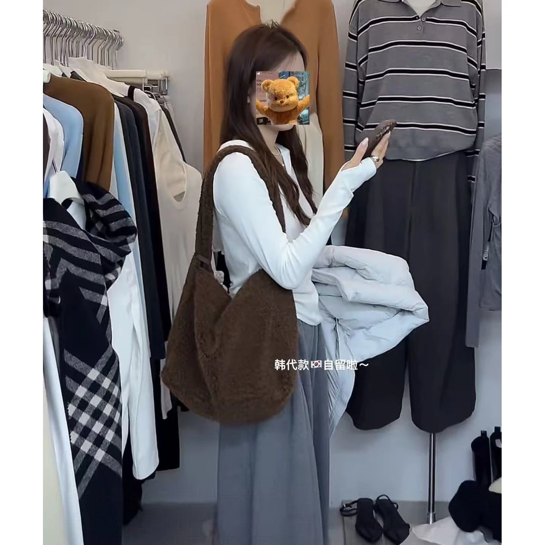 L-1811#韩系简约百搭羊羔毛单肩包（不配挂件）