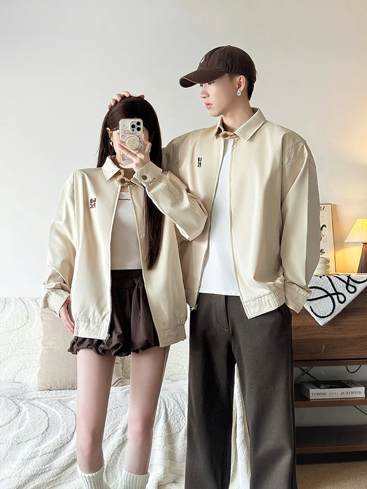 情侣夹克复古常规款立领翻领美式休闲不起球ins韩版宽松外套