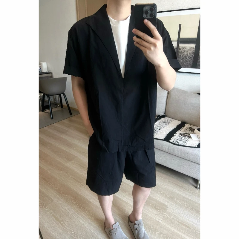 夏季松弛感假两件老钱风套装男时尚潮流高级感简约轻奢衬衫短裤