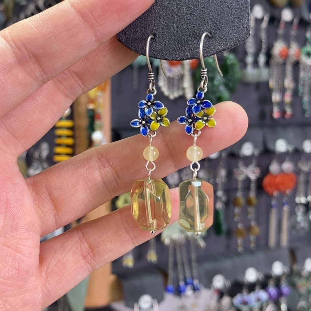 黄晶耳饰银S925镶嵌耳坠