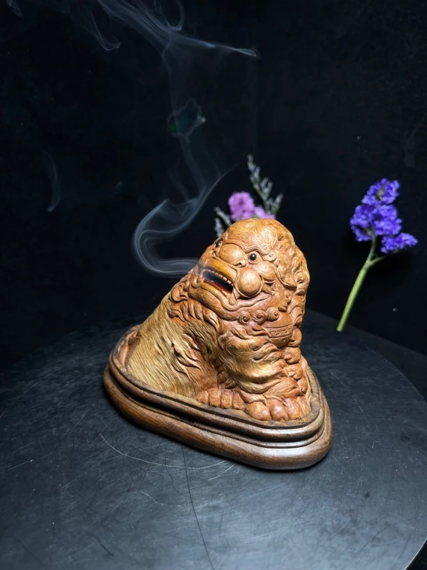 天然荔枝木雕纯手工雕刻狮子香炉摆件家居工艺品茶空间创意客厅