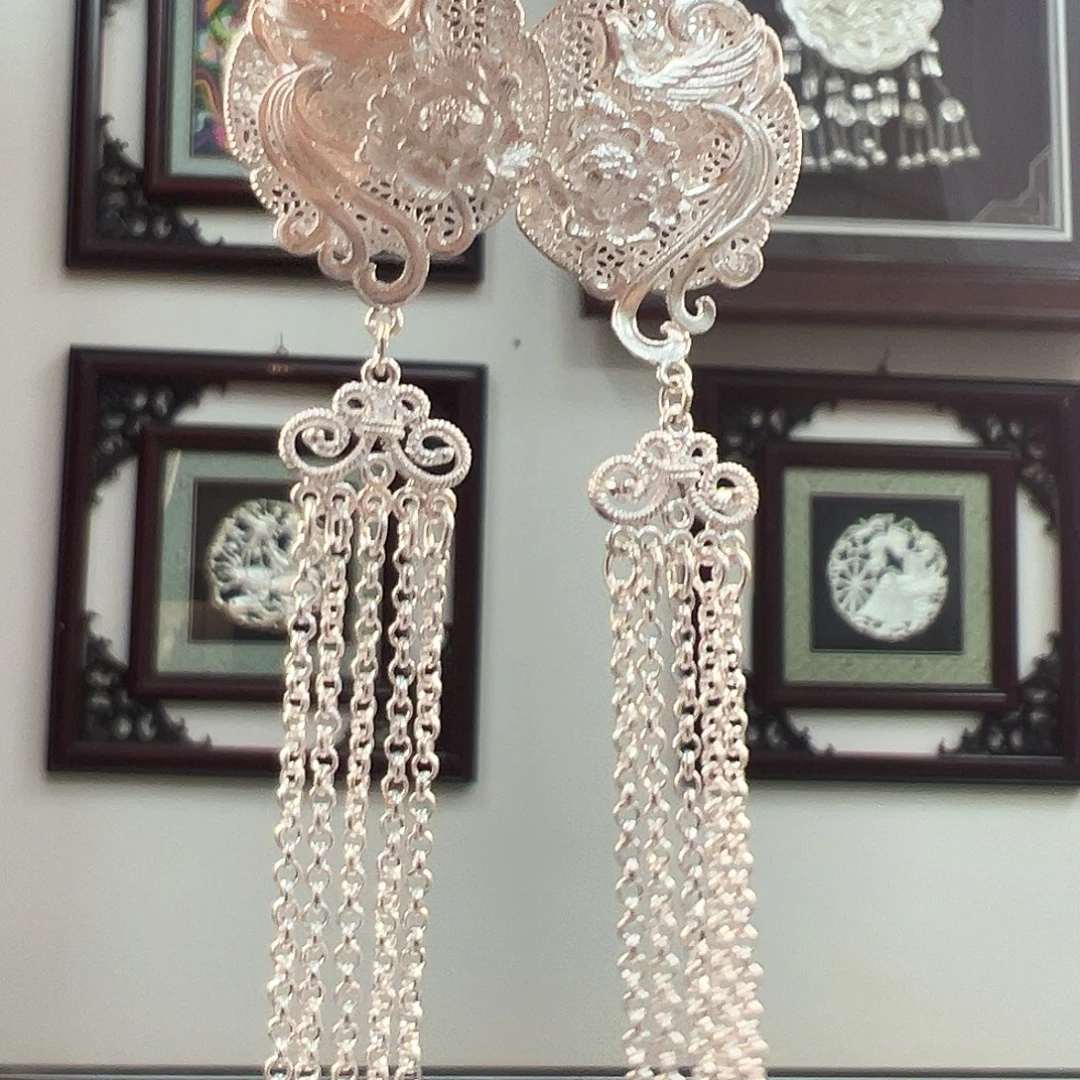 足银无非金属无足银牡丹花凤凰流苏耳环