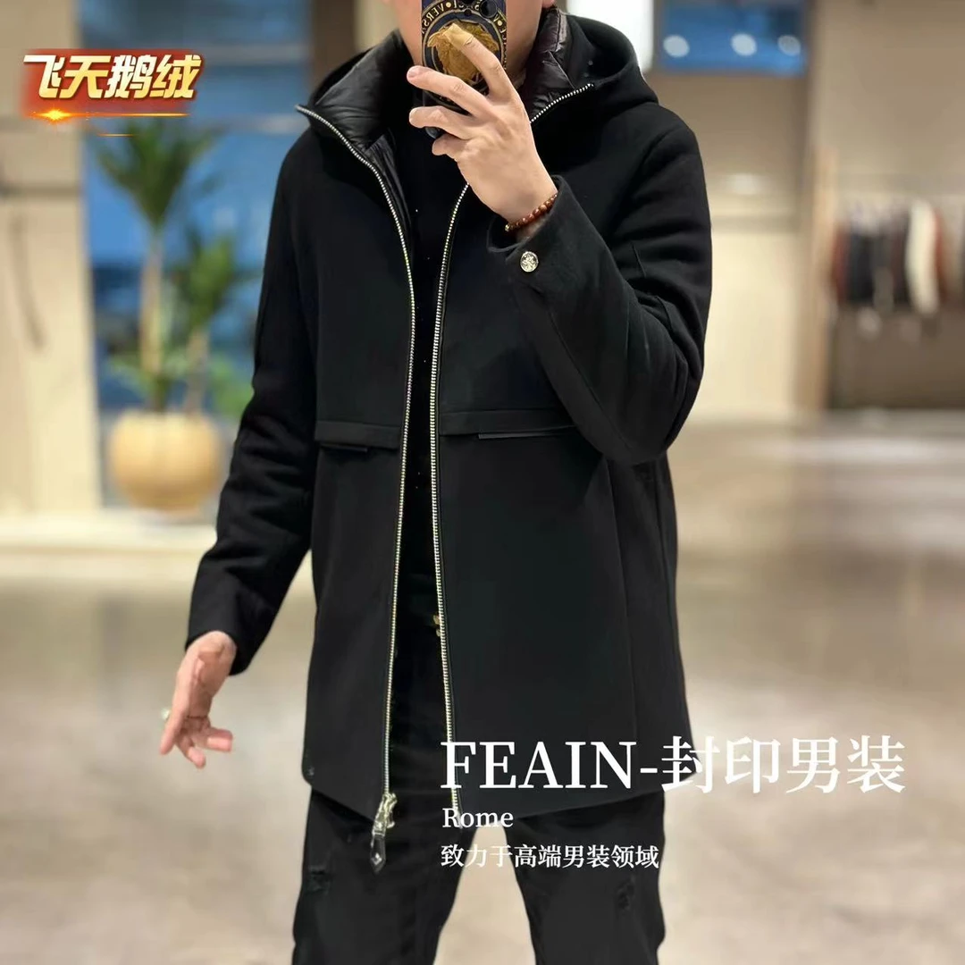 【鹅绒羊毛】高端定制进口羊毛真皮拼接飞天鹅绒大衣8929