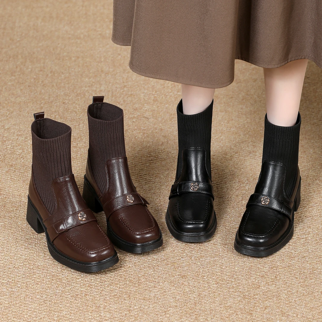 2025新款真皮方头弹力袜中筒女靴中跟百搭英伦风一脚蹬瘦瘦靴短靴