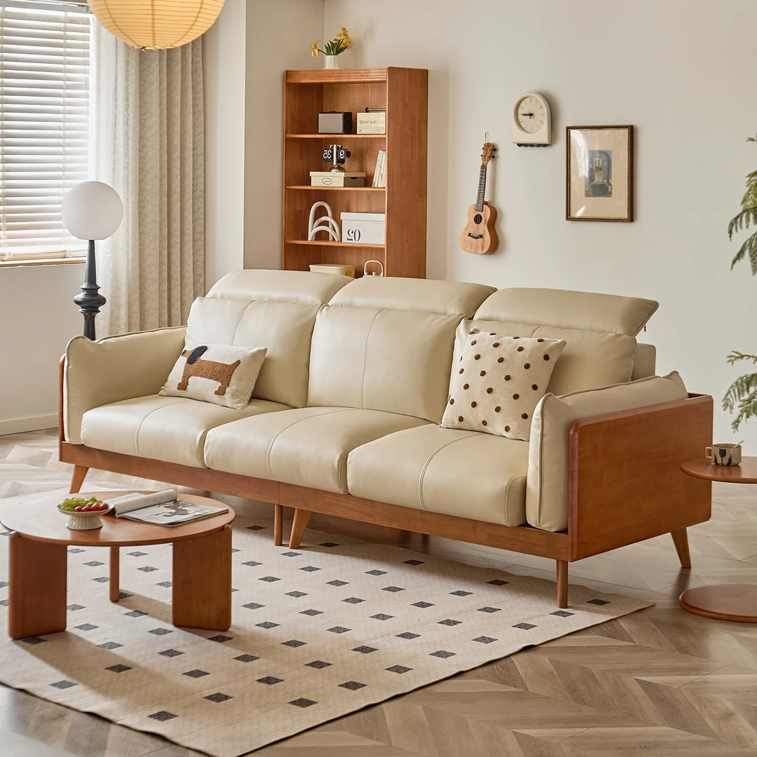 【上新啦】鲸韵实木沙发樱桃木色奶油风客厅日式大三人位直排皮沙发