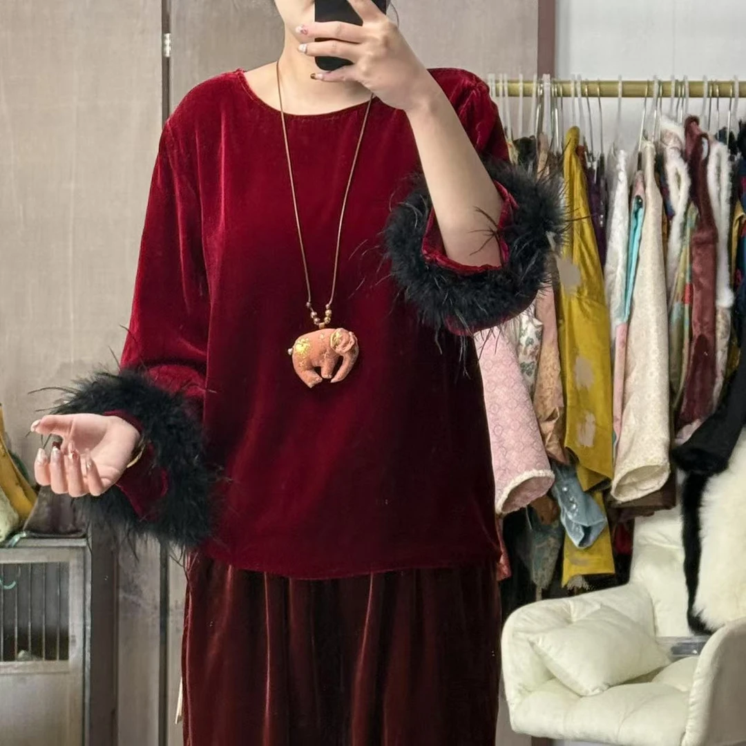 100桑蚕丝真丝丝绒！带鸵鸟毛