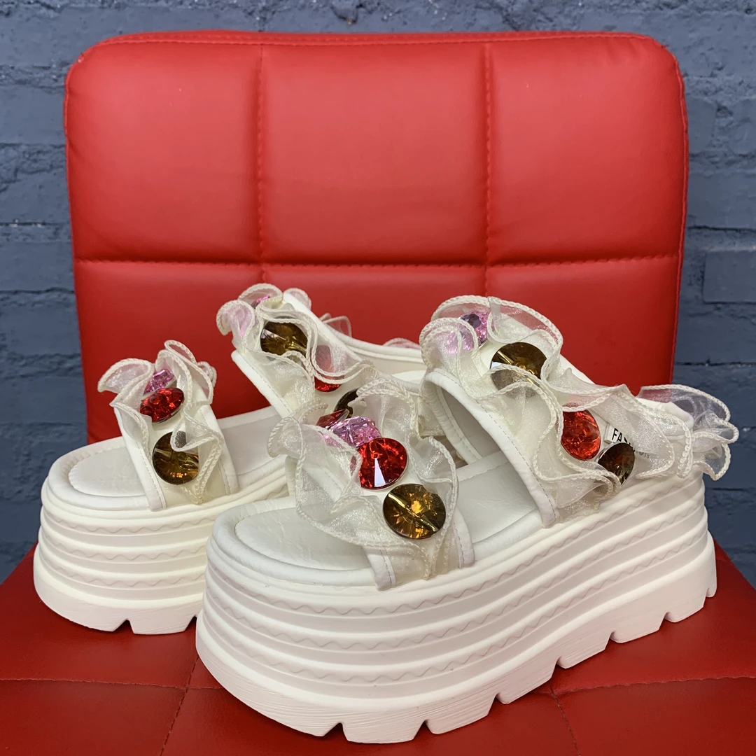 厚底增高花边米白色拖鞋夏季一字拖