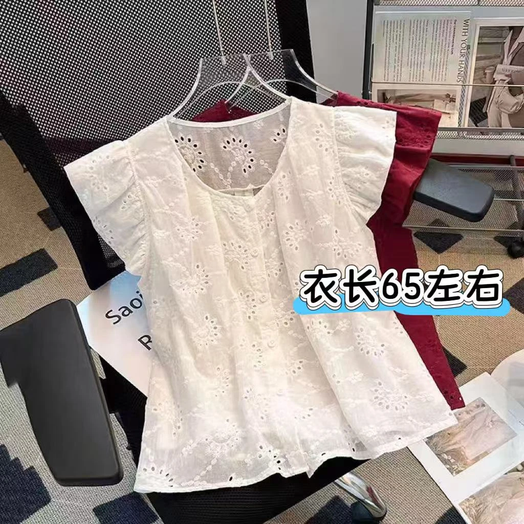 凤儿家-00759 韩版刺绣镂空飞飞袖纽扣上衣
