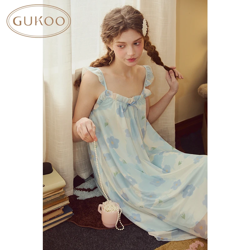 Gukoo/果壳夏季睡衣网纱蓝色小花薄款女士家居服睡裙连衣裙
